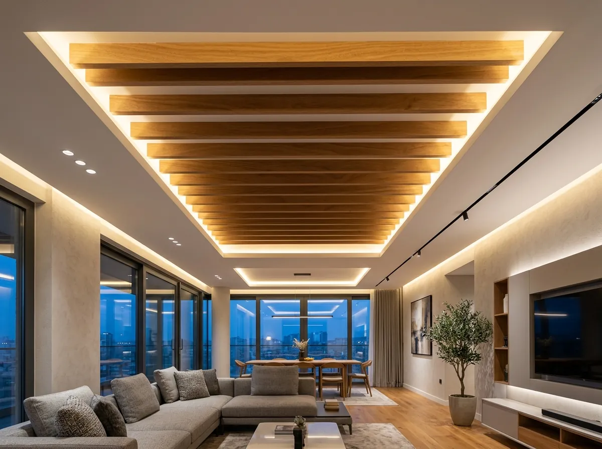 Living room false ceiling with plywood rafter accents Bangalore
