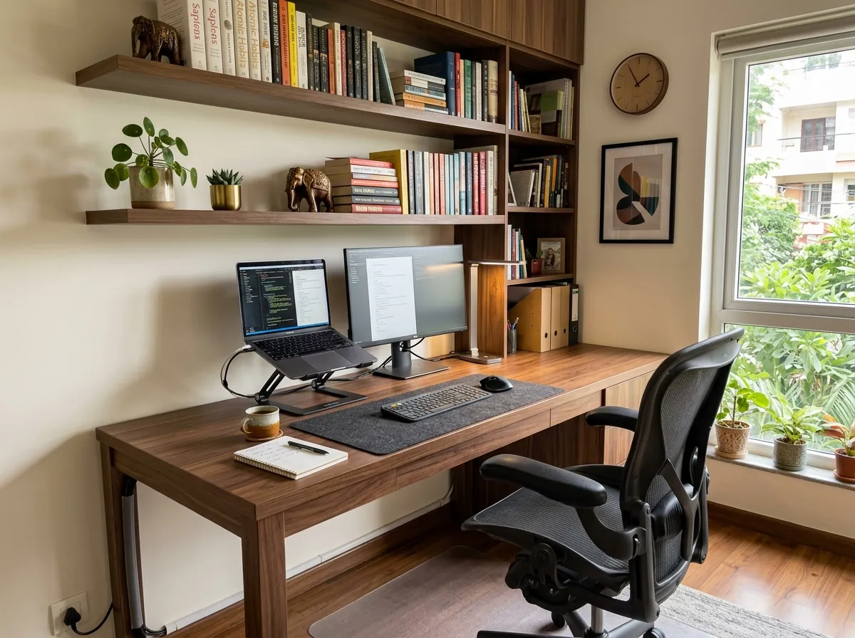 Custom study table and overhead bookshelf made of plywood Bangalore